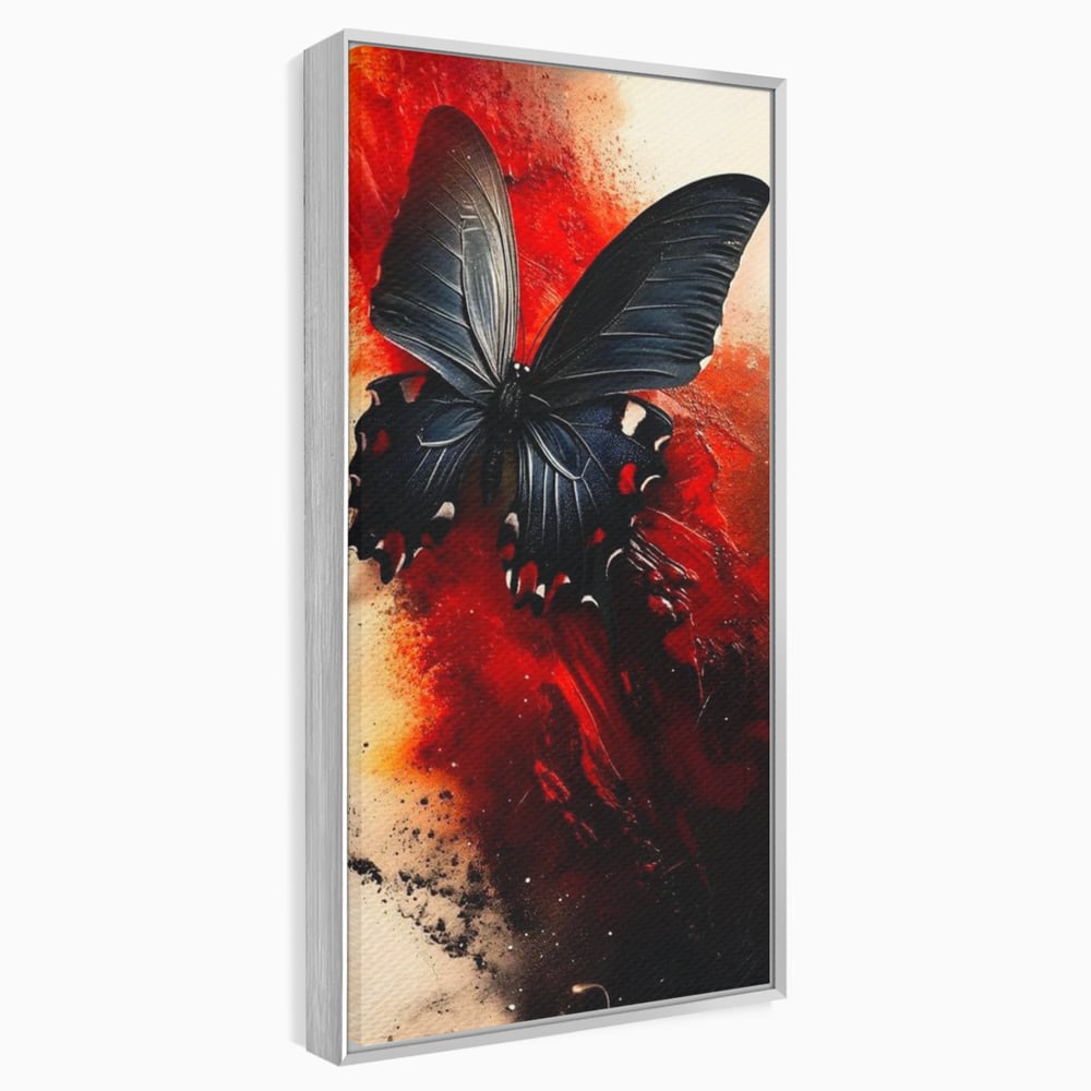 Tablou canvas cu tablou canvas cu fluture negru si fundal rosu, in rama de aluminiu argintiu